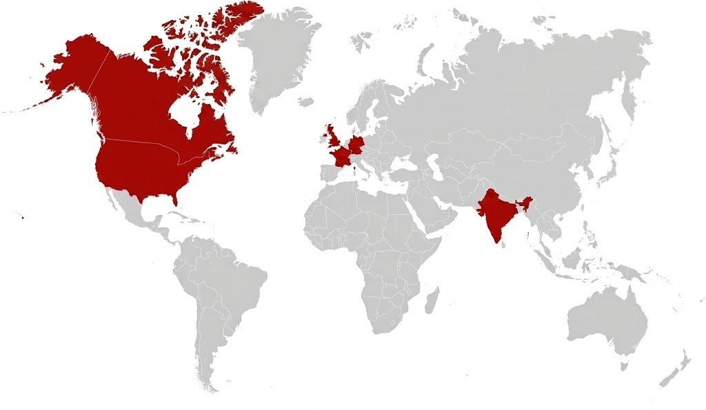 Global Operations Map - India, USA, Canada, UK, France, Germany
